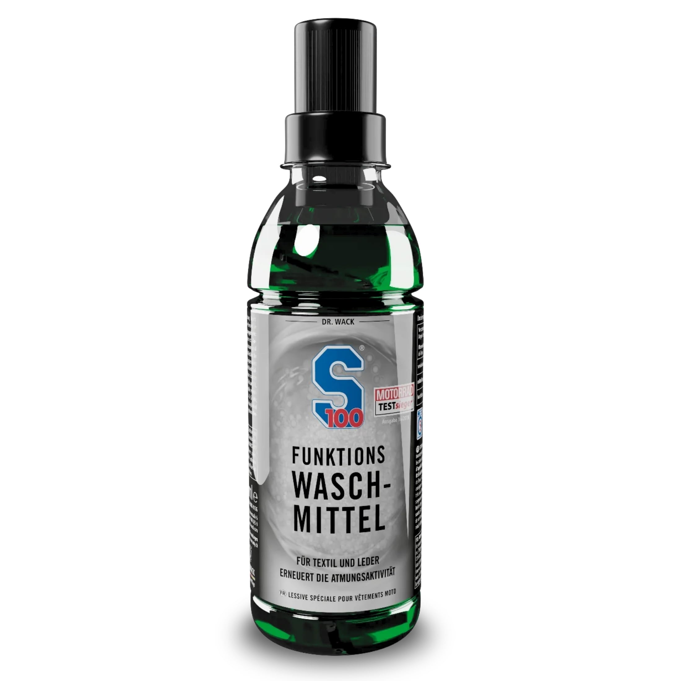 DR. WACK S100 Funktions-Waschmittel 300 ml - Flüssiges Waschmittel für Motorradbekleidung - schonende Reinigung ab 20°C - Geruchsentferner für Leder & Textil - Hochwertige Motorradpflege