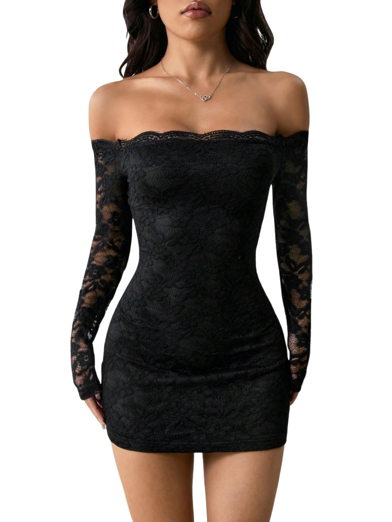 SweatyRocks Abito in pizzo da donna, elegante, a maniche lunghe, mini abito gotico, sexy, con spalle scoperte, in pizzo, per feste