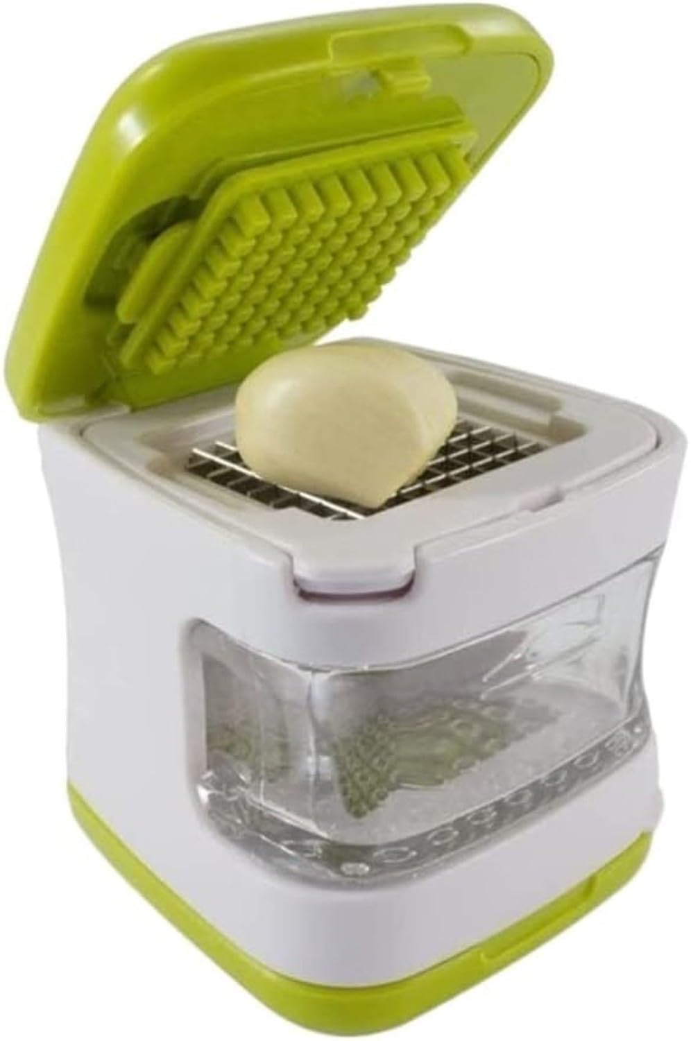 XIUNYIE Manual Garlic Press Crusher and Slicer with Storage Container for Dicing Ginger Garlic No Mess Flying Cloves, GREEN, 7.5 * 6.5 * 6cm