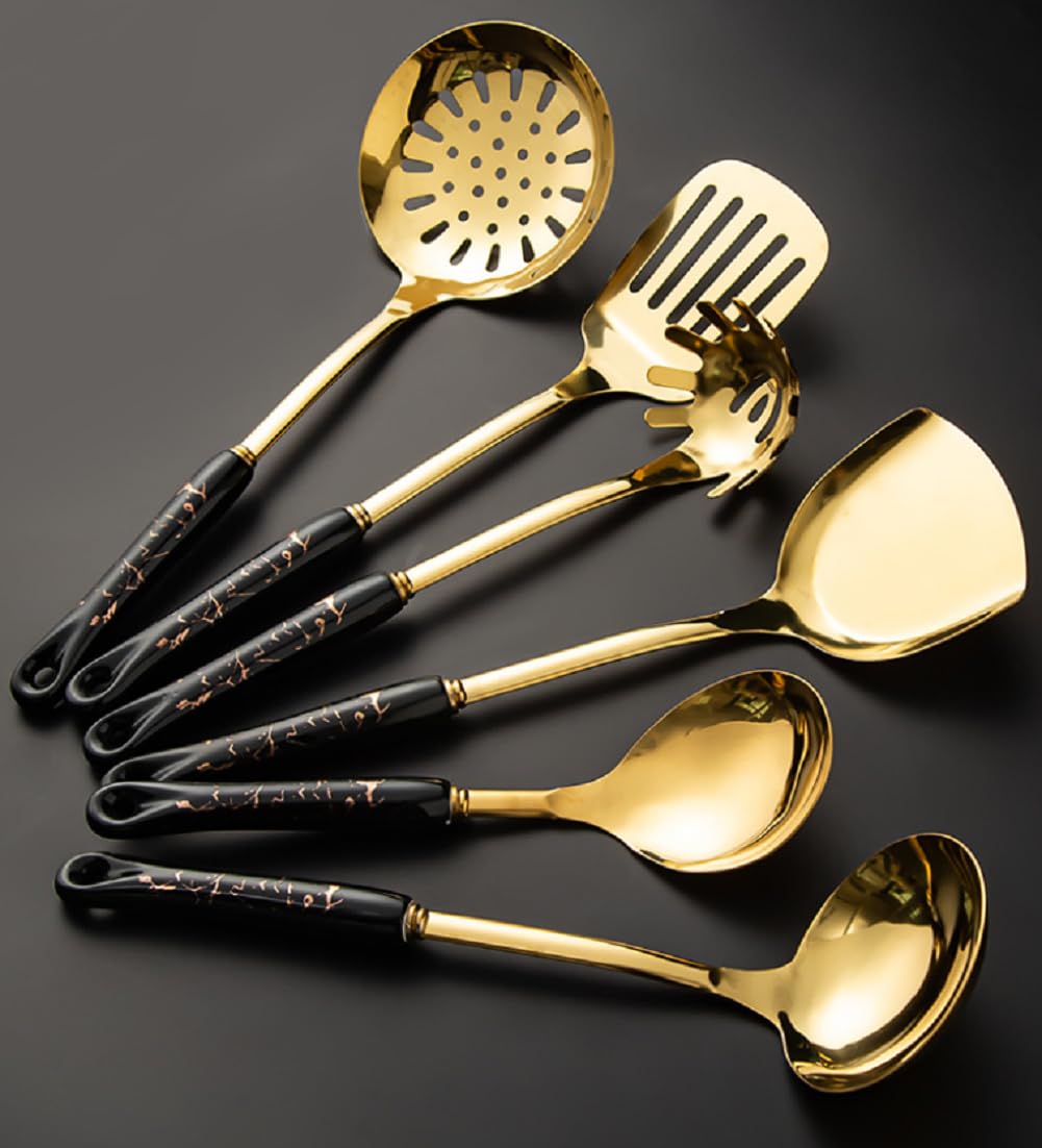 Juego De Utensilios De Cocina De Acero Inoxidable, 6 Piezas, Espátula, Cucharón Sopa, Espumadera, Servidor De Pasta Y Espumadera, Apto para Lavavajillas,Negro
