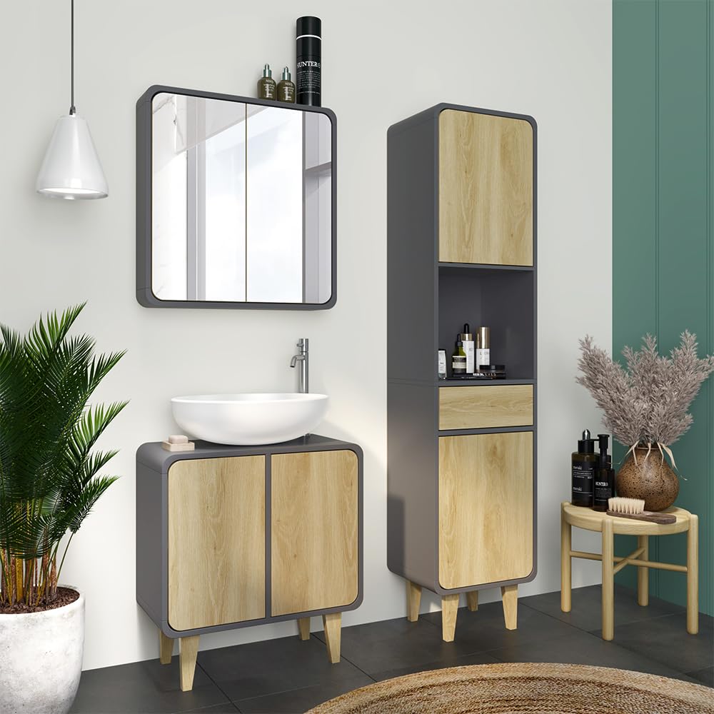 Vicco Set di mobili da bagno Arla, Antracite/quercia, 60 cm, composto da mobile sottolavabo, specchiera e colonna alta