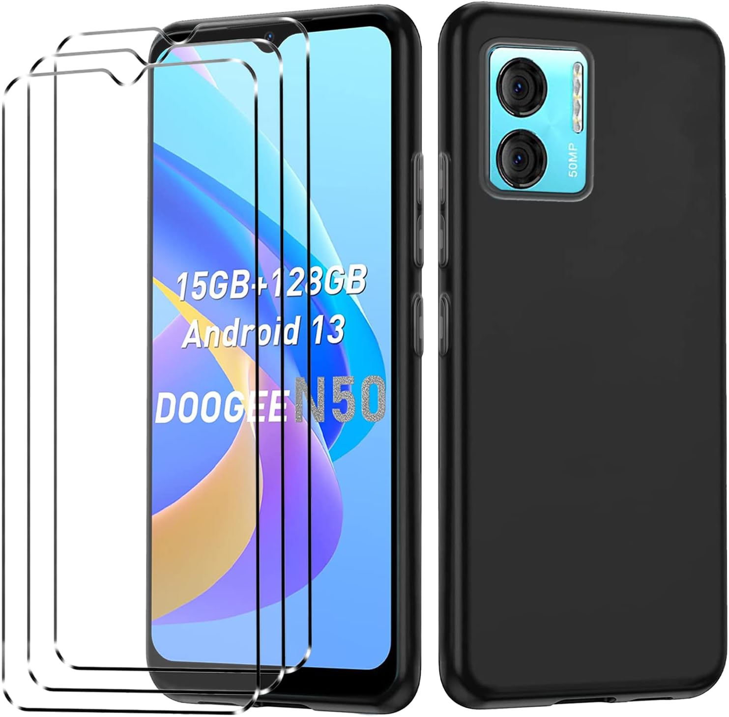 [4 in 1] Case Compatible with DOOGEE N50S/N50 Cover with 3 Pack Tempered Glass Screen Protector for DOOGEE N50S/N50, Slim Fit Soft TPU Shockproof Anti-Scratch Phone Case Cover - Black