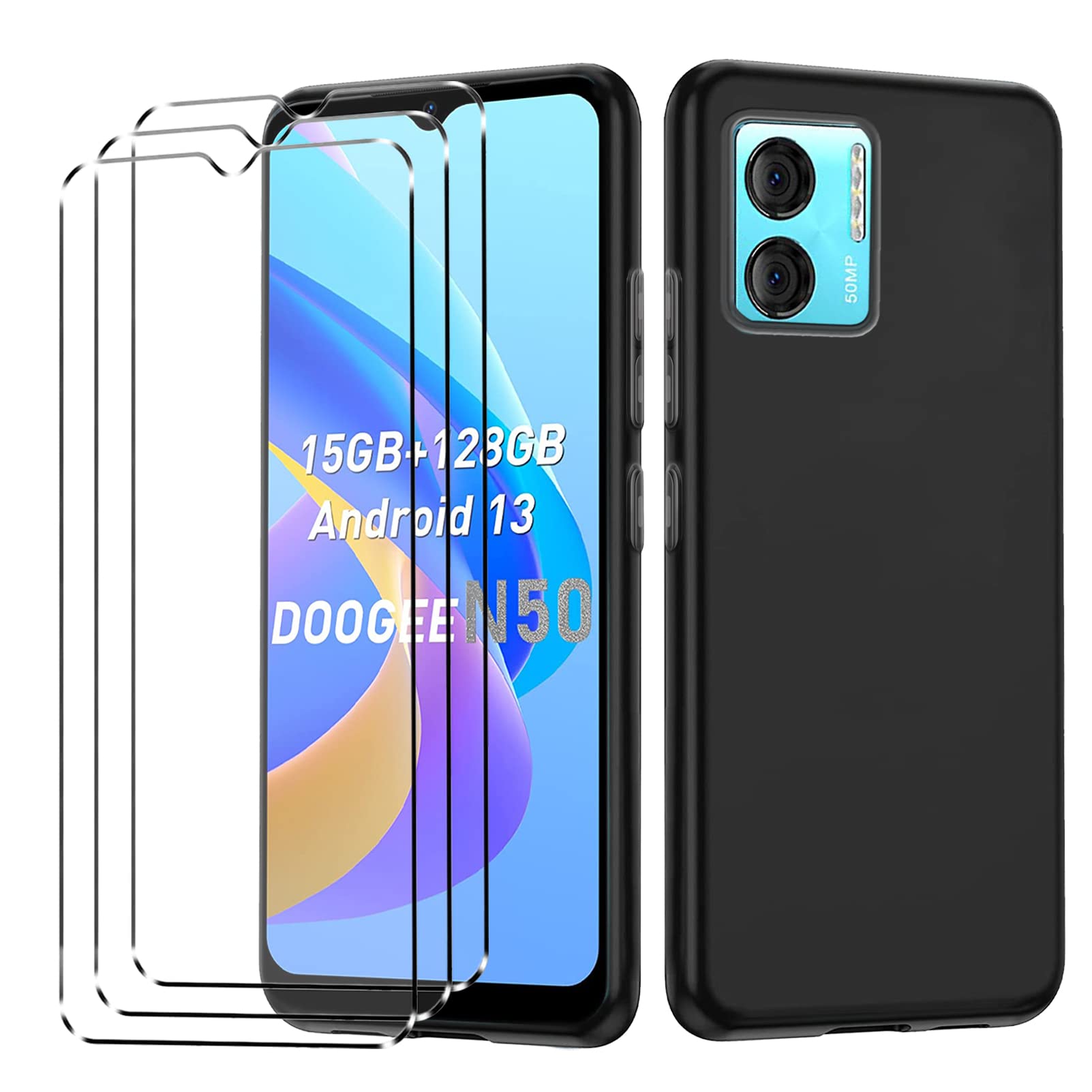 [4 in 1] Case Compatible with DOOGEE N50S/N50 Cover with 3 Pack Tempered Glass Screen Protector for DOOGEE N50S/N50, Slim Fit Soft TPU Shockproof Anti-Scratch Phone Case Cover - Black