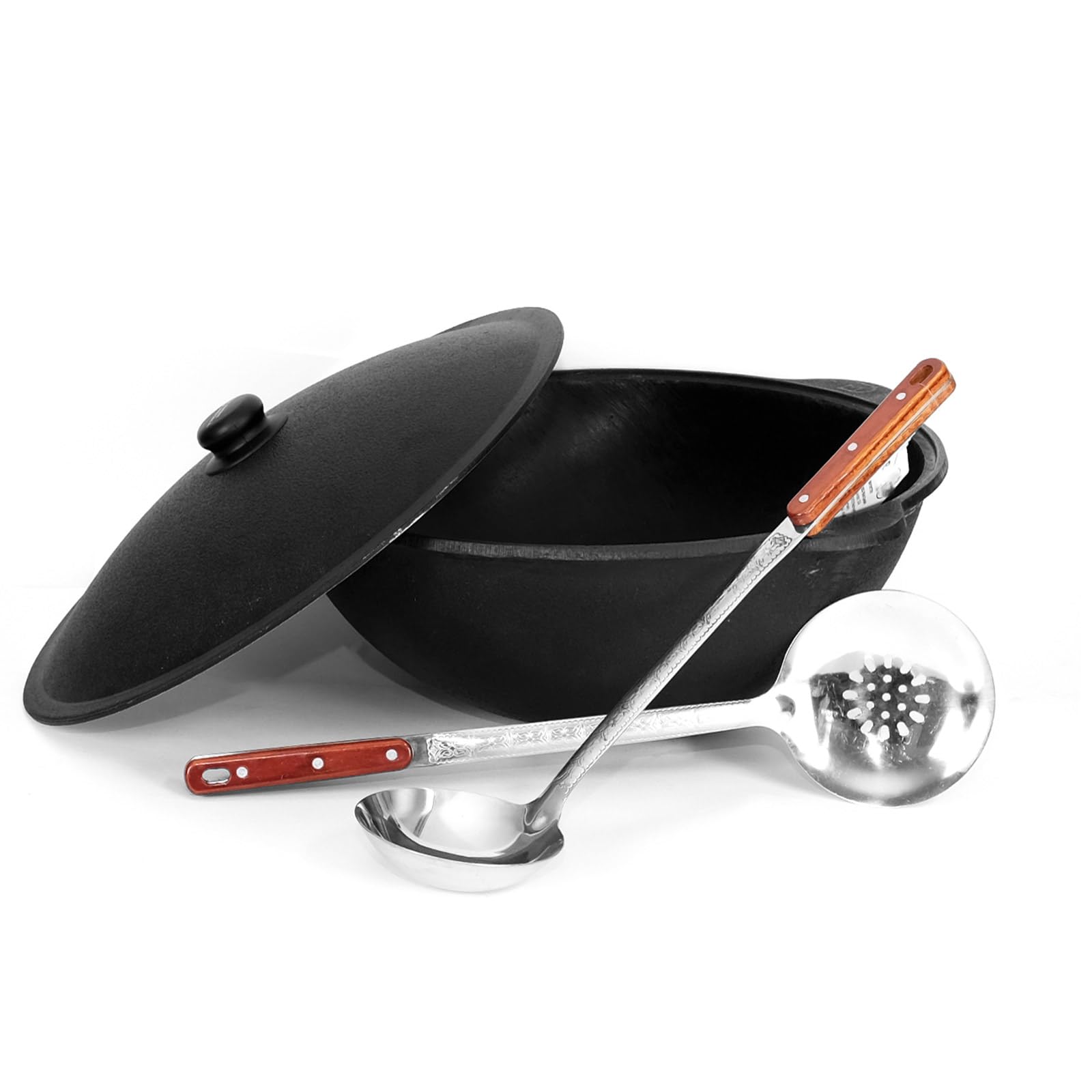 Kazan Fonte Ø 46,6 cm 16 l avec couvercle en aluminium, écumoir 48 cm Louche 48 cm Louche 48 cm Casserole Uzbekistan de qualité supérieure 16 l Fonte avec couvercle en aluminium 44⌀