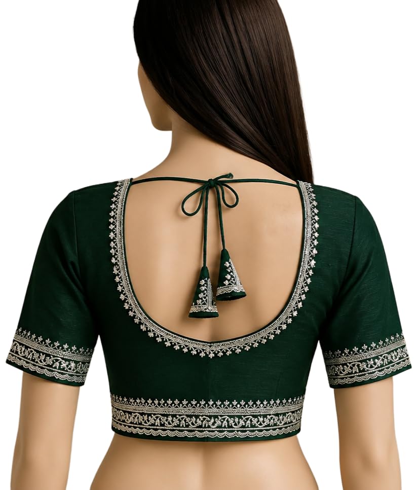 Women's Dark Green Embroidered Saree Blouse with Tassels-image-24