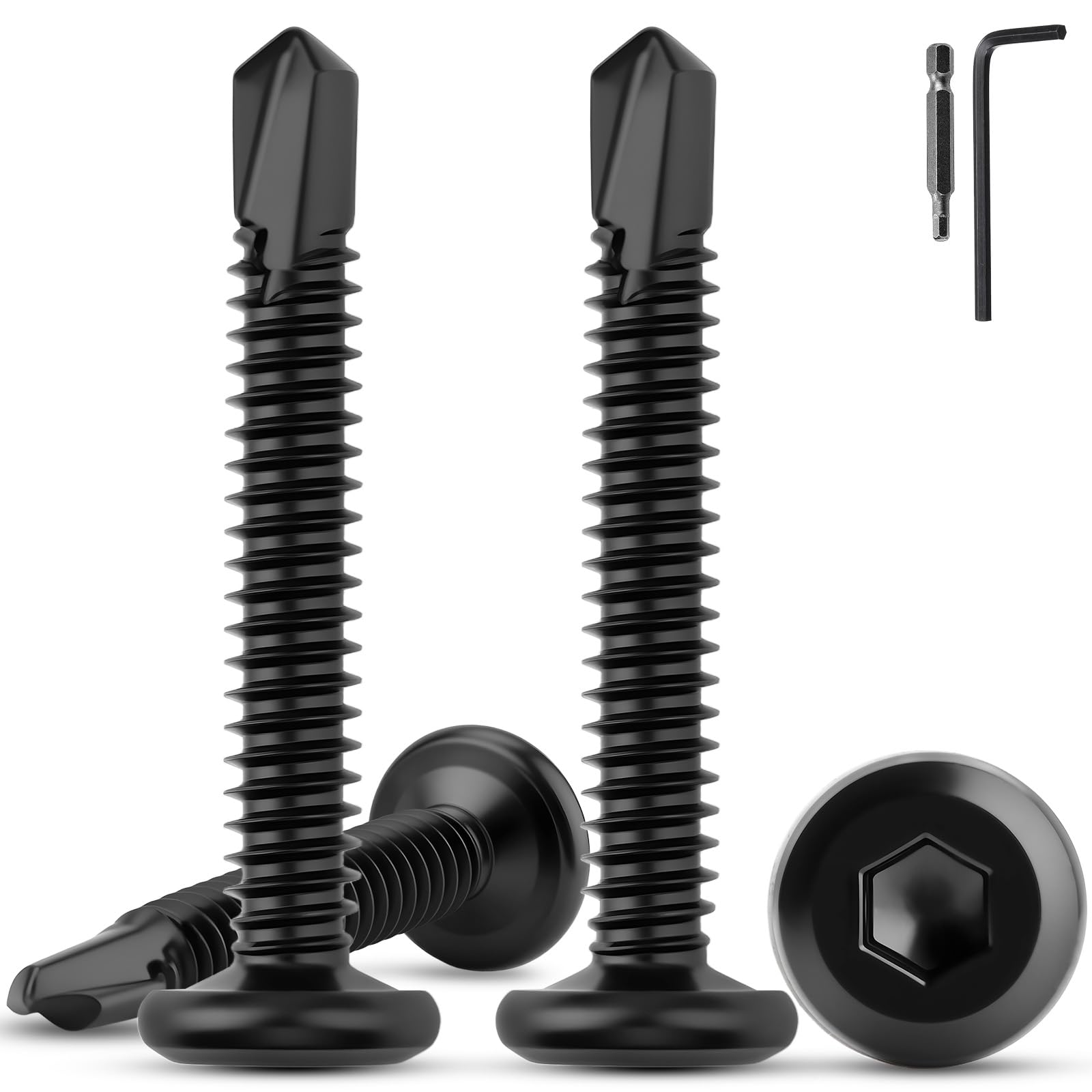 120 tornillos autorroscantes de acero inoxidable 410, 5,5 x 50 mm, tornillos para chapa autorroscantes, acero inoxidable, negro, cabeza plana, tornillos de metal, tornillos Allen con broca hexagonal
