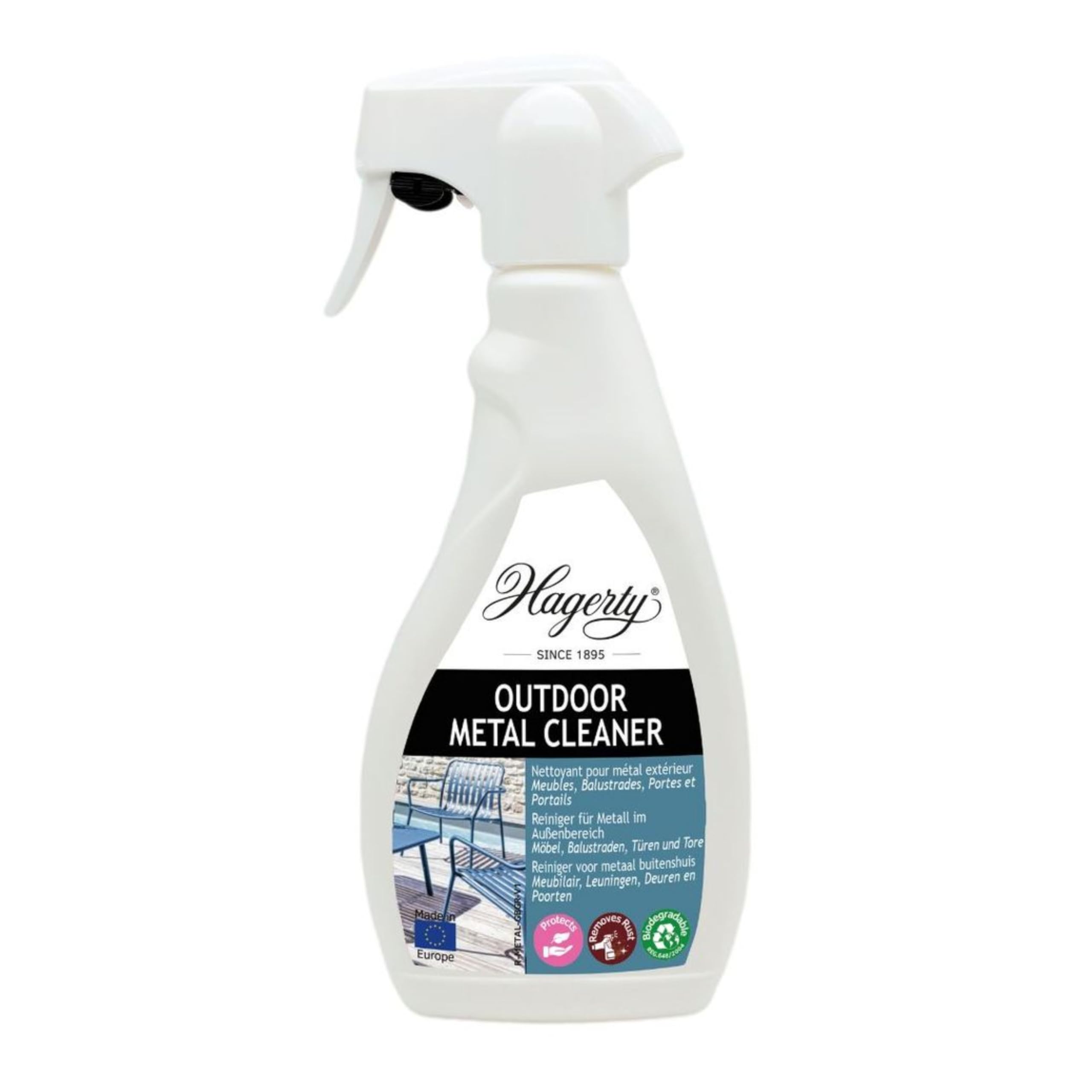 Hagerty Nettoyant très efficace pour meubles d'extérieur en métal 500 ml | Élimine la saleté, taches de rouille, calcaire et la graisse des meubles de jardin en métal