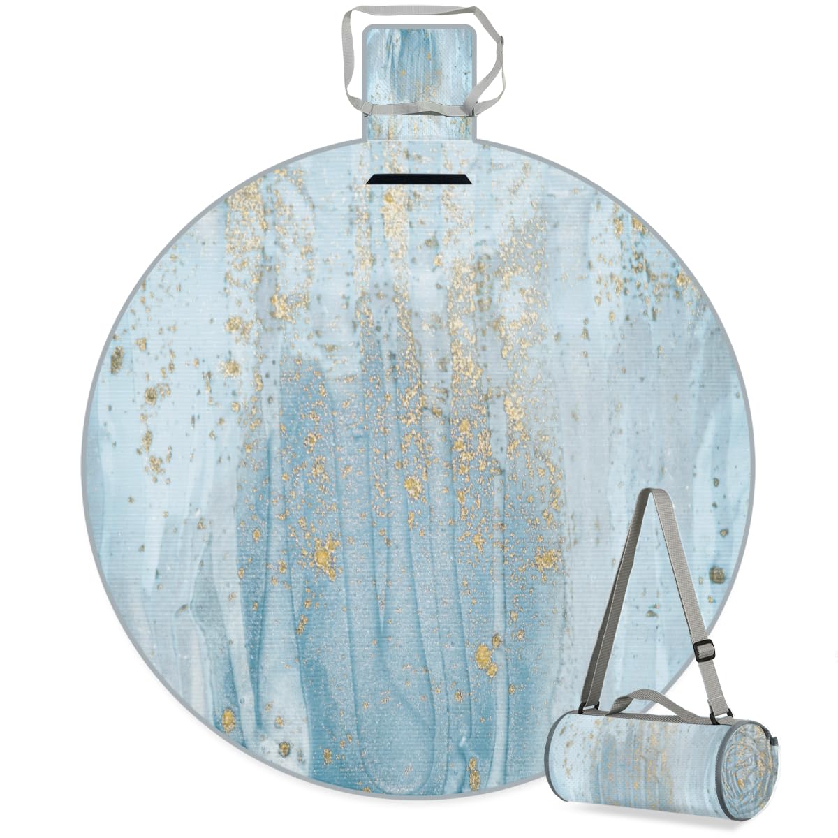 Shimoshe Glitter Blue Marble Picnic Outdoor Blanket Foldable Waterproof Sandproof Beach Blanket Portable Water-Resistant Round Picnic Mat for Travel Camping Park Lawn