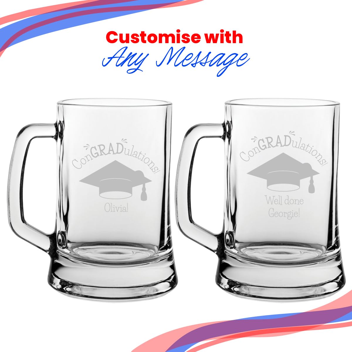 Tasse à bière gravée personnalisée avec inscription « ConGRADulations » - Personnalisable avec n'importe quel nom ou message - Coffret cadeau inclus - Gravure au laser - Cadeau de remise de diplôme