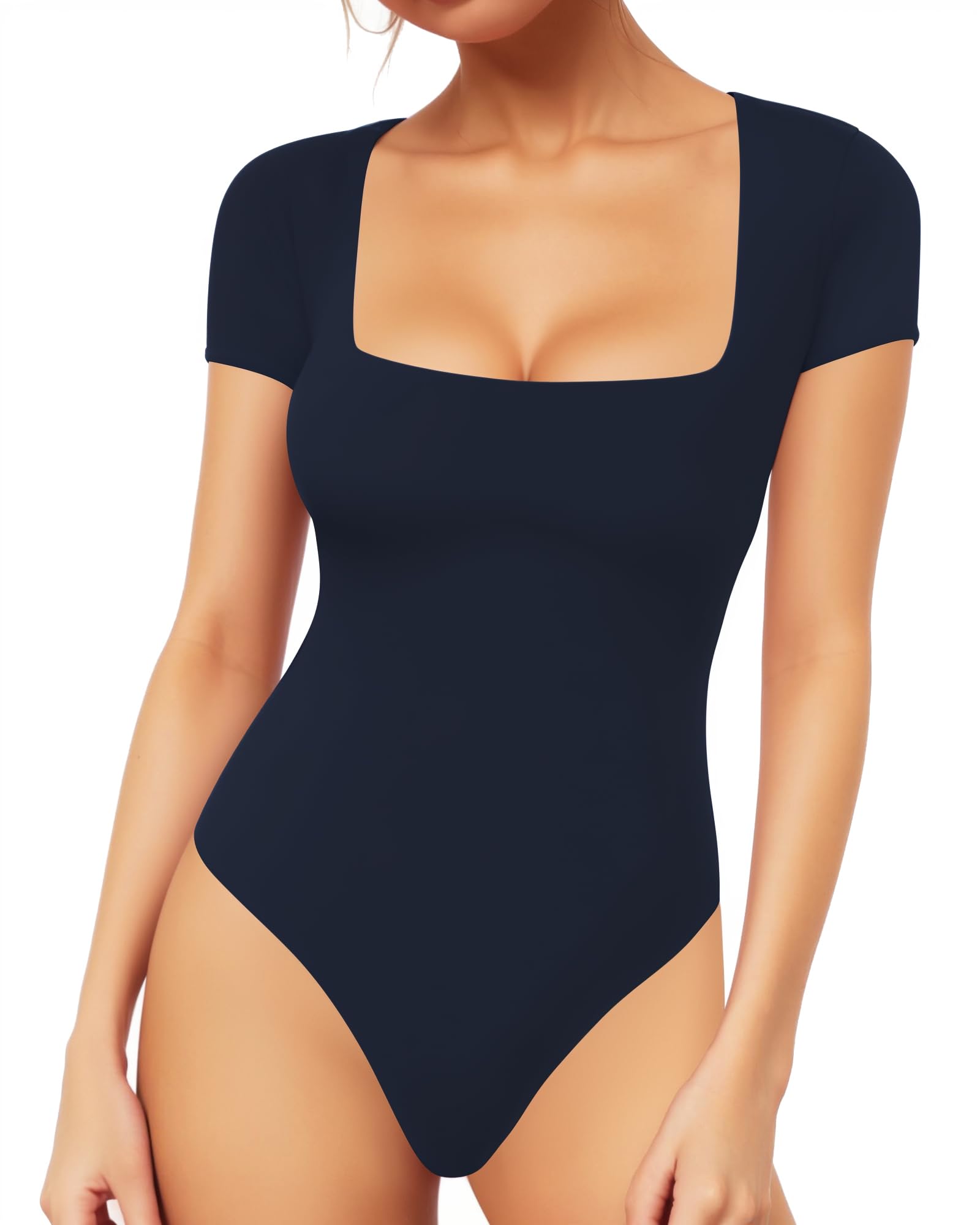 MANGOPOP Women's Square Neck Bodysuit Shirt Long Sleeve Short Sleeve Tops