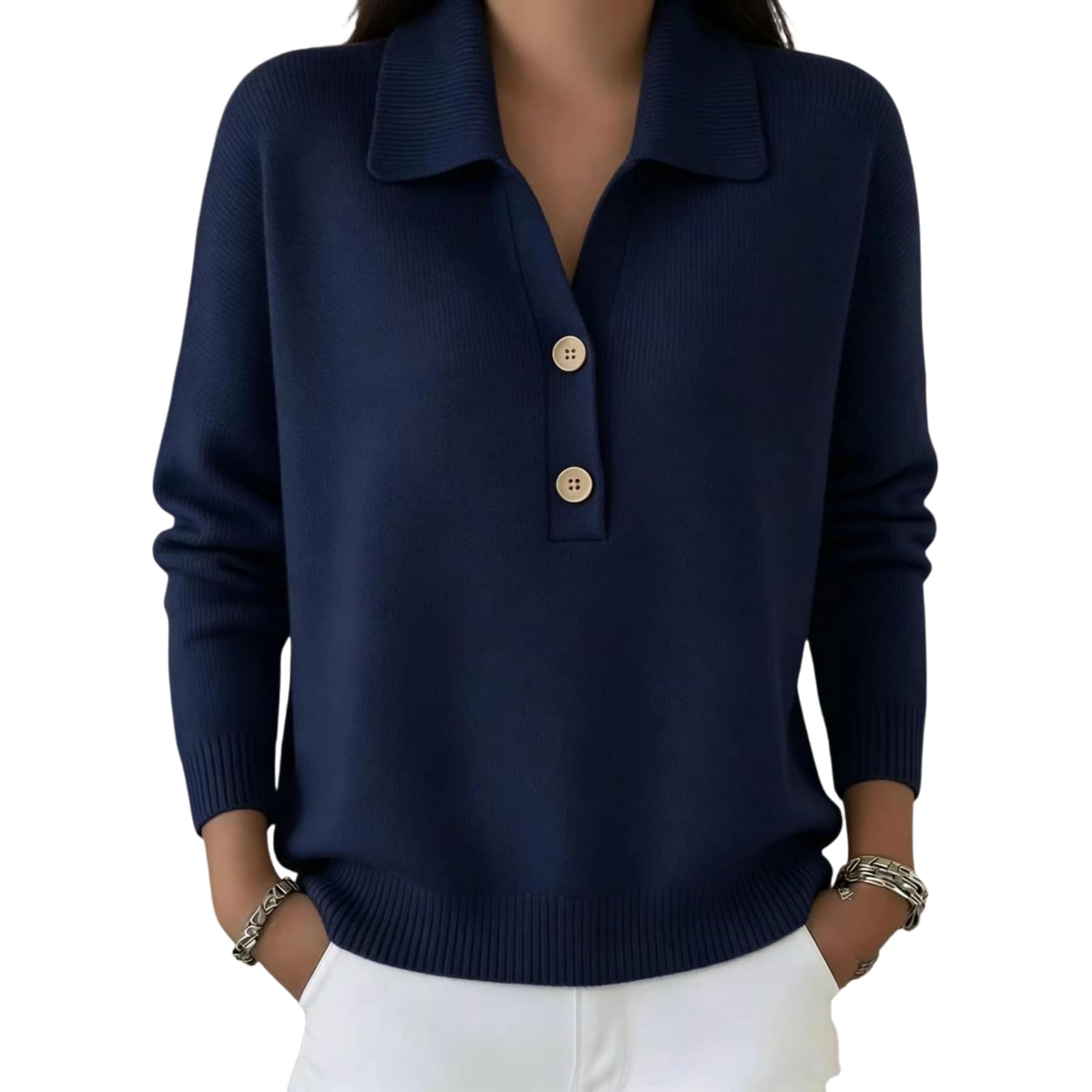 Polo da donna con colletto a polo, maniche lunghe e risvolto, scollo a V | Knoopsluiting met Henley-sluiting, mouwen met verlaagde schouders, relaxte losse pasvorm, lange Abbottonatura Henley