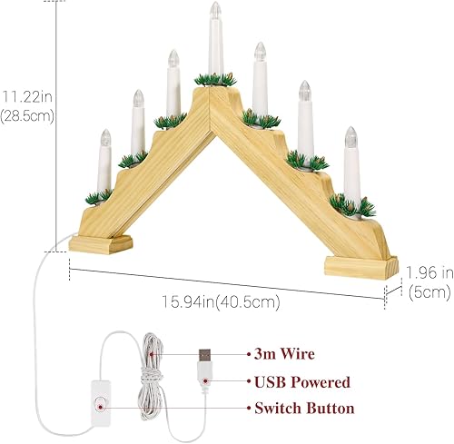 Miniatura 3 de Lewondr Candelabro sueco de Navidad, velas eléctricas con 7 velas cónicas sin llama, luz de puente de vela de madera alimentada por USB con agujas