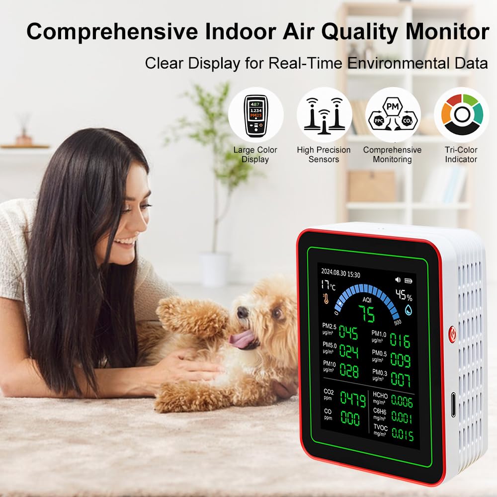 Gugxiom Probador de Calidad del Aire Interior, 18 en 1, CO2, TVOC, HCHO, PM2.5, PM10, Detección de Temperatura y Humedad, Almacenamiento de Datos