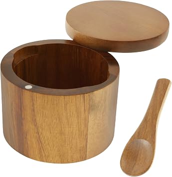 Acacia Wood Salt Cellar, Salt Container with Built in Spoon and Magnetic Swivel Lid, Salt Shakers for Kitchen, Small Wooden Box for Keeping Gourmet Salts, Herbs or Favorite Seasonings Style 1