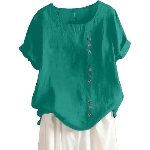 Linen Shirts for Women 2025 Summer Vintage Solid Color Short Sleeve Casual Oversized Round Neck Floral Graphic Tees
