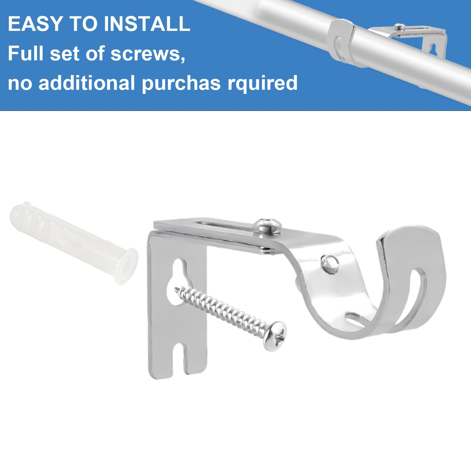 6 Heavy Duty Curtain Pole Holders, Adjustable for 25mm Poles, Silver Metal Wall Rod Brackets, 6pcs Silver, less than or equal to 25 mm - Image 4