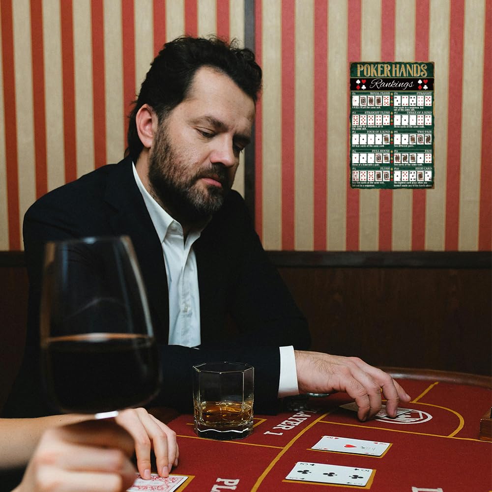 GLOBLELAND Poker Hands Rankings Metal Tin Sign 12x8in/30x20cm for Garage Signs Garden Signs Art Plaque Poster Wall Decor Texas Hold'em Tin Sign for Home Kitchen Bar Club Coffee Shop Orchard