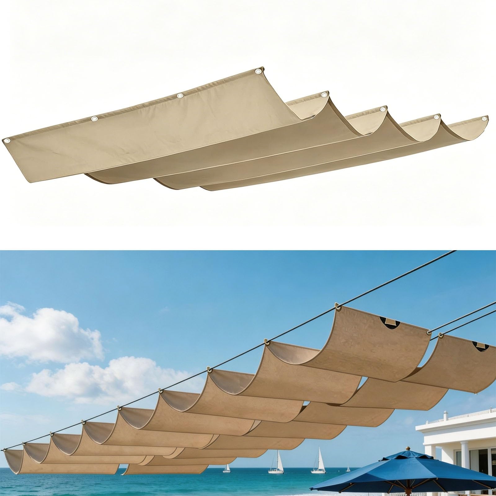 Voile ombrage rétractable vague pour ombrager un long patio et savourer l'été au jardin