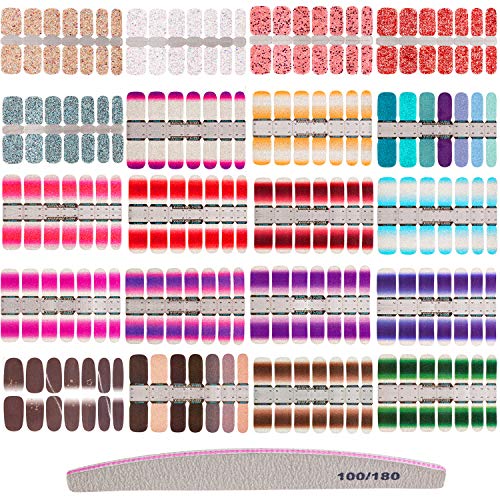280 Pieces Full Wraps Nail Stickers Glitter Nail Wraps Art Polish Stickers Pure Color Shine Nail Art Adhesive Decals Gradient Glittery Manicure Kit with Nail File for Women Girls