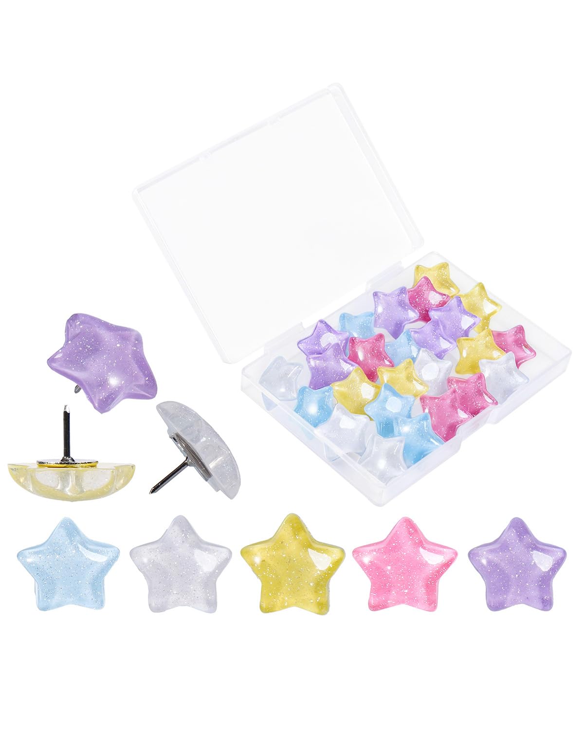 25 Pcs Decorative Thumb Tacks, Cute Decorative Push Pins for Wall Bulletin Board &amp; Cork Board, Resin Star Push Pins for Office Home School-5 Colors (Luminous Star)