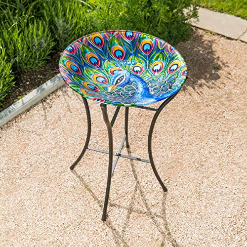 CHRISTOW Glass Bird Bath For Garden Patio With Metal Stand Hand Painted Peacock - Image 7