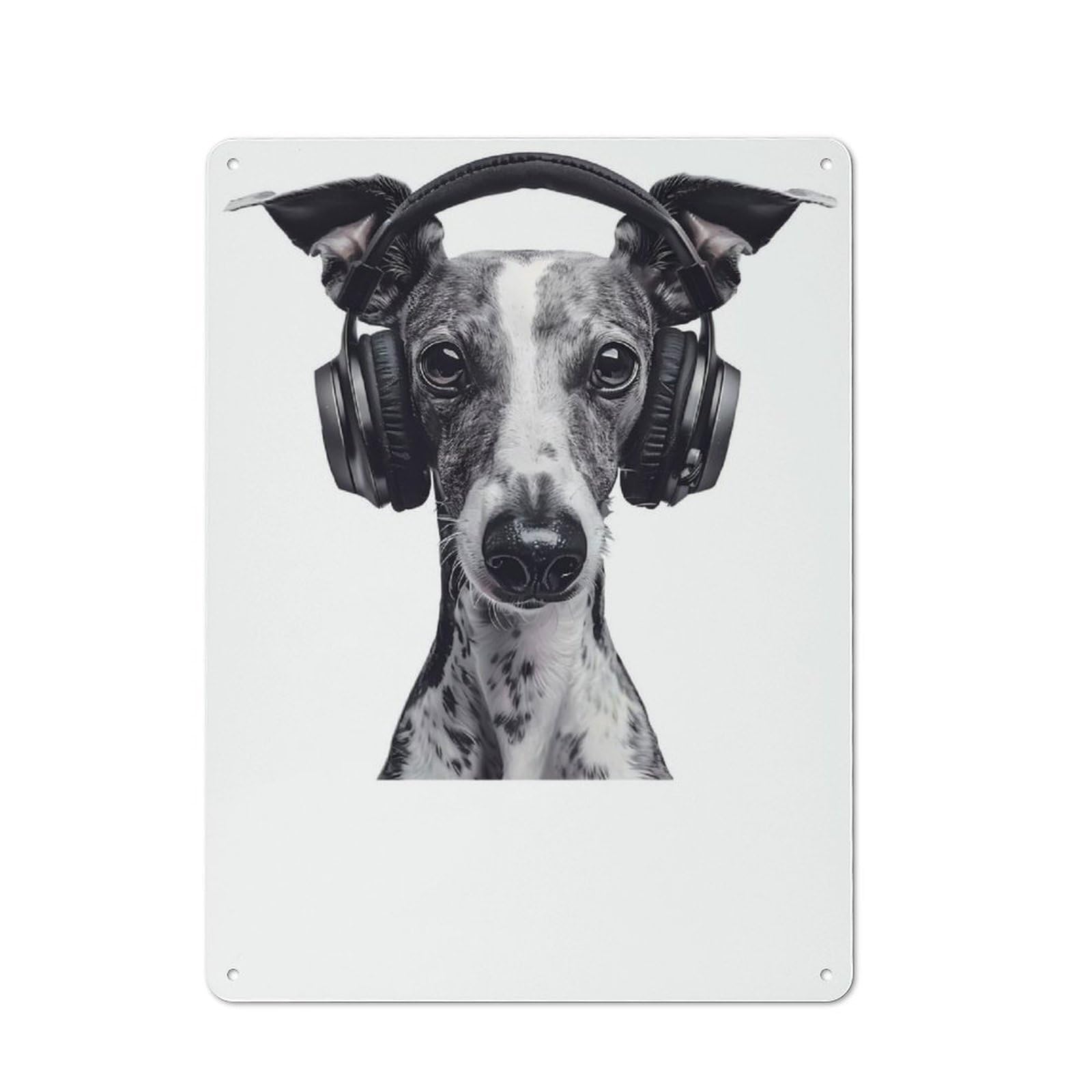 Whippet Headphones Rustic Metal Plaque 40x30cm for Lounge Or Reading Corner, for Garage, Workshop And Man Cave Decoration