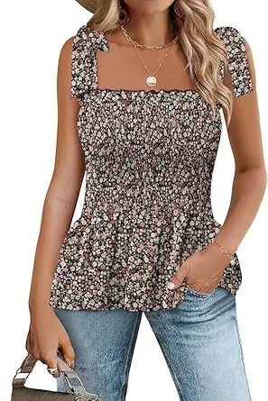 Micoson Ruffle Tank Tops for Women Summer Square Neck Sleeveless Tops Tie Shoulder Chiffon Blouse Babydoll Shirts
