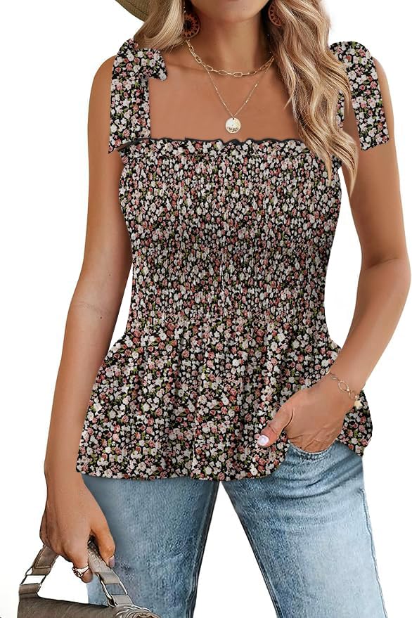 Micoson Ruffle Tank Tops for Women Summer Square Neck Sleeveless Tops Tie Shoulder Chiffon Blouse Babydoll Shirts