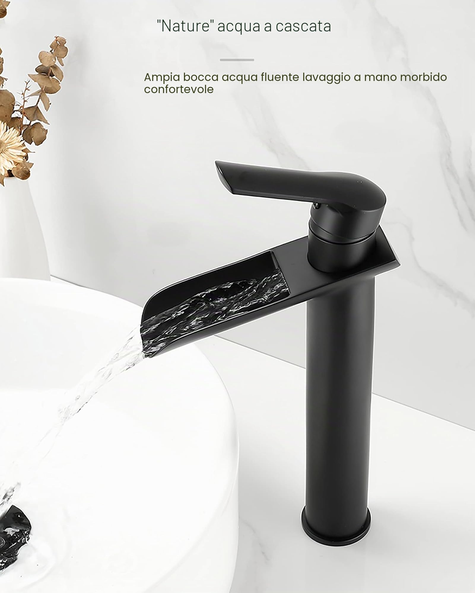 Miscelatore Cascata Lavabo Nero, Rubinetto Alto Lavabo Bagno,rubinetto Bagno Lavabo Cascata Miscelatore Ottone (nero)