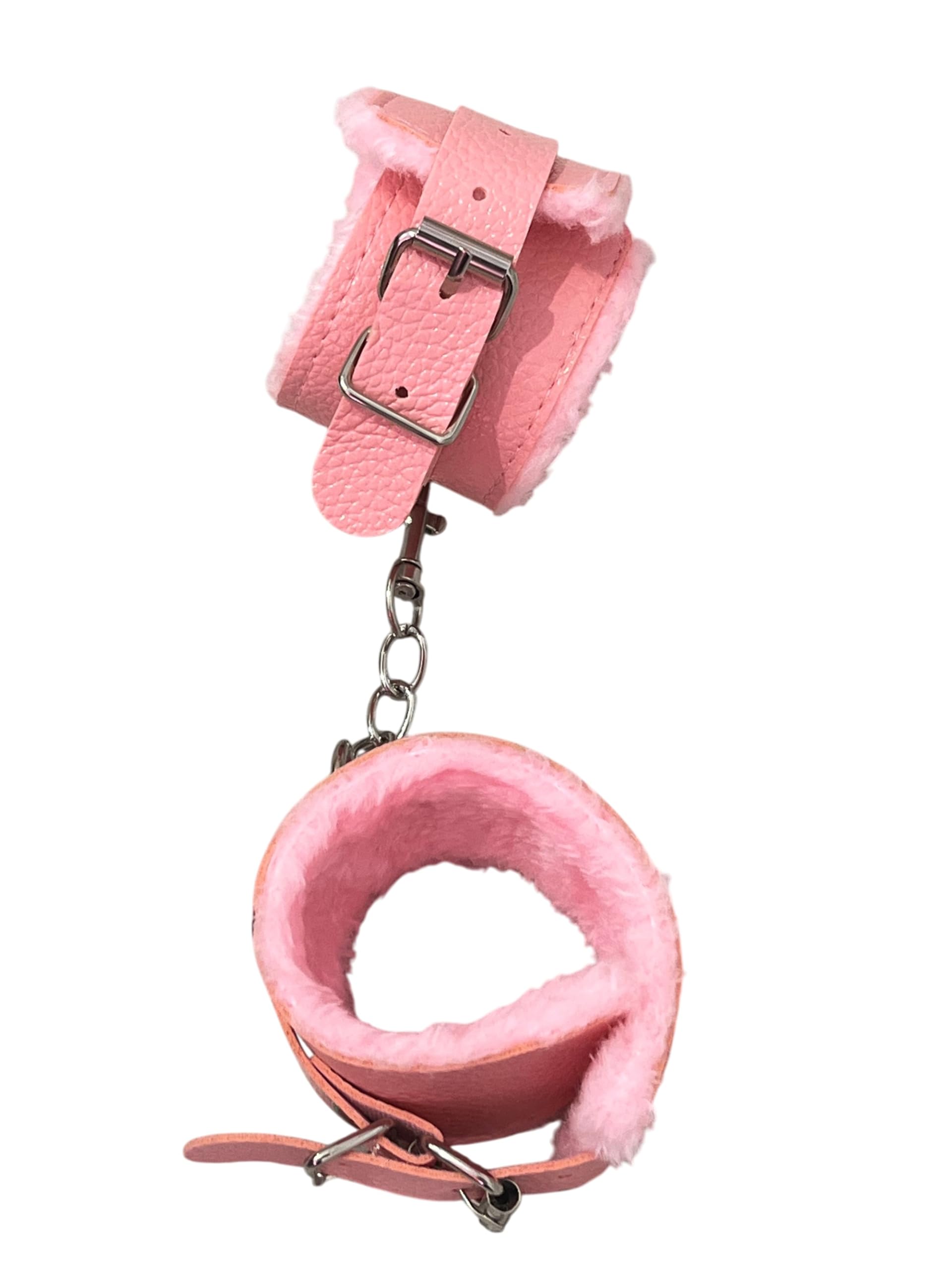 Manette in Pelle con Peluche Rosa e Moschettone - Polsiere in Ecopelle - Manette Pelose Finte Giocattolo