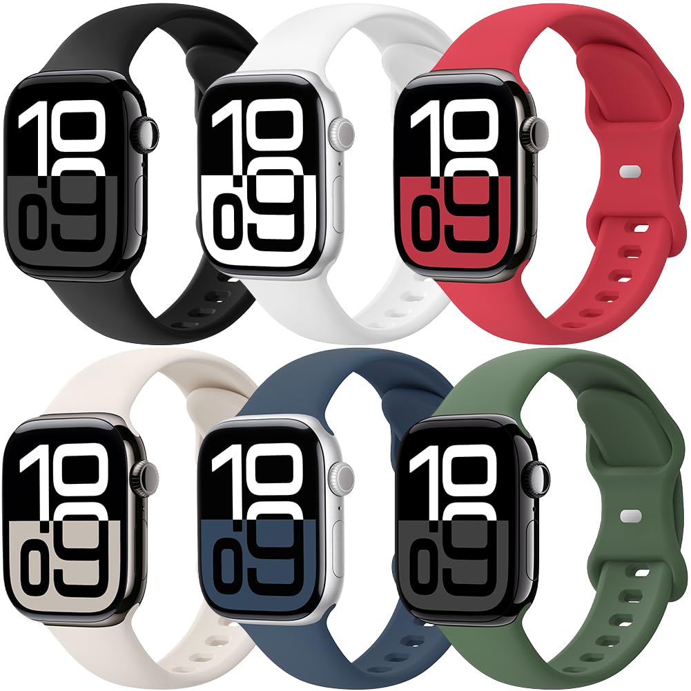 Sport Bands 6 Pack Apple Watch 38mm 40mm 41mm 42mm 44mm 45mm 46mm 49mm Women Men Replacement Soft Silicone Strap Wristband for iWatch Series 10/9/8/7/6/5/4/3/2/1 Ultra SE