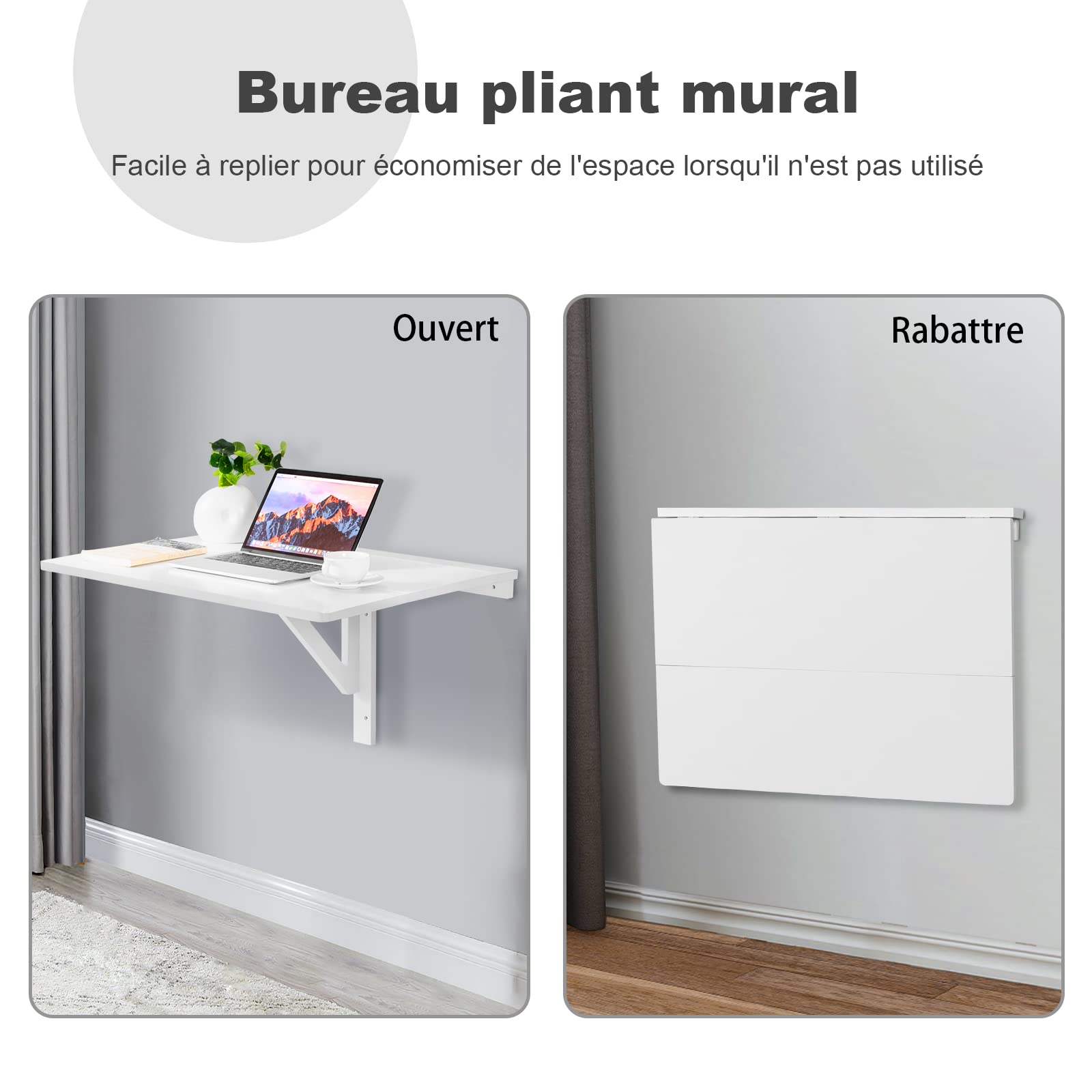 COSTWAY Table Murale Rabattable en Bois de Pin Double Plateaux Table de Cuisin Pliable 80 x 60 x 43 cm (Blanc)