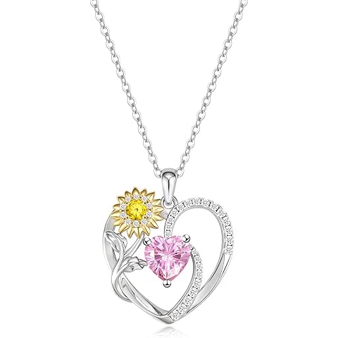 Sunflower Heart Birthstone Necklace for Women, 18K White Gold Plated 925 Sterling Silver Heart Pendant Flower Jewelry, Anniversary Christmas Birthday Gifts for Her Mom Friends Daughter Wife Girlfriend