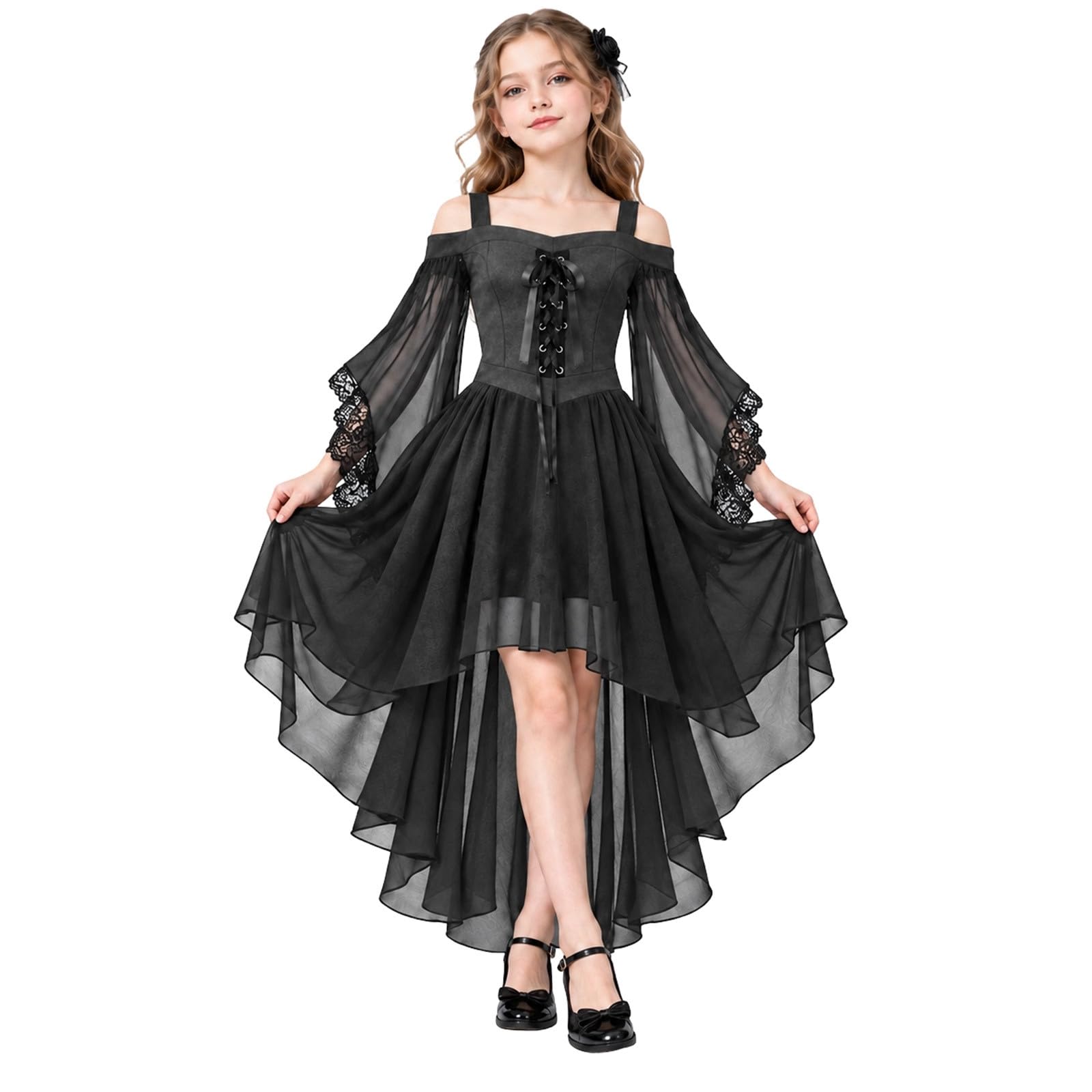 Girls Gothic Fancy Dress Costume Kids Halloween Witch Cosplay Outfit, Off Shoulder Lace Up Chiffon High LowSteampunk Dress with FlareSleeves for 7 8 9 10 11 12 13 Years (Grey, 9-10 Years)