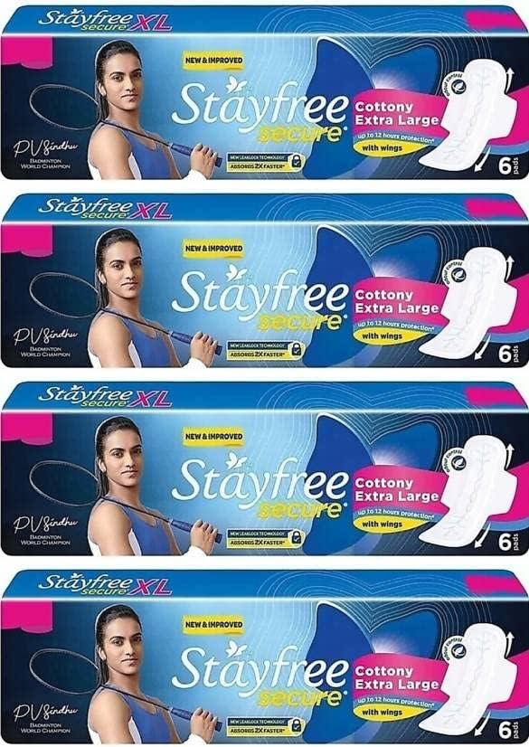 STAYFREE Secure X-Large Cottony Soft Cover Sanitary Pads For Women With Wings (Pack of 6+6+6+6) Sanitary Pad (Pack of 4)