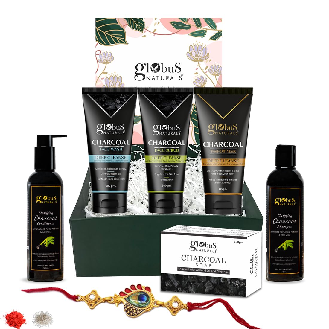 Globus Naturals Charcoal Detox Rakhi Gift Box - For Brother and Sister - Set of 6, Face Wash, Scrub, Peel Off Mask, Shampoo, Conditioner & Soap Bar-image-11