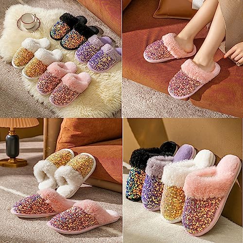Women's Sequin Slippers Fuzzy Sparkly Non-slip Memory Foam Ladies House Shoes Indoor And Outdoor Comfy Warm3