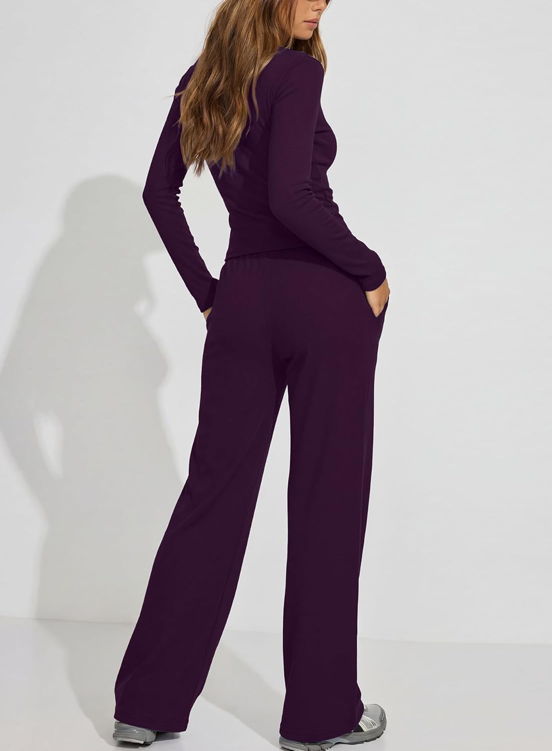 Darong Womens 2 Piece Matching Lounge Sets 2026 Long Sleeve Henley Shirts Wide Leg Pants Airport Travel Outfits - Image 2