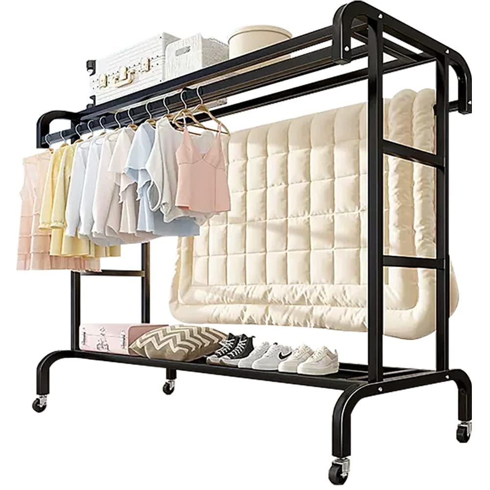 Aycdl D Freestanding Garment Rack With Wheels, Ouble Rail An Storage Shelf For Hanging Clothes, Multifunctional Esign,-120 * 50 * 150Cm