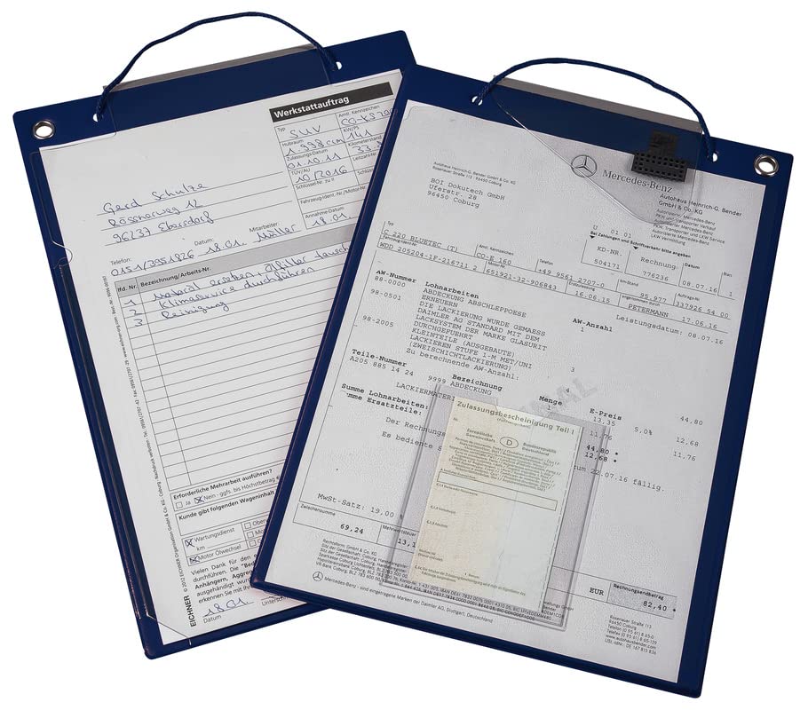 Borsa porta oggetti "Premium" con piega elastica sul retro, DIN A4, con tasca trasparente per libretto di auto e cordoncino, chiusura in velcro saldata, blu (1 confezione = 10 pezzi)