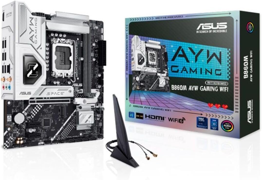 ASUS B860M AYW Gaming WiFi, Intel mATX Motherboard, Socket LGA 1851, DDR5 Slot, PCIe 4.0, Two M.2 Slots, WiFi 6, Ethernet Realtek 2.5GB, HDMI, SATA 6Gbps, Rear USB Port with 10