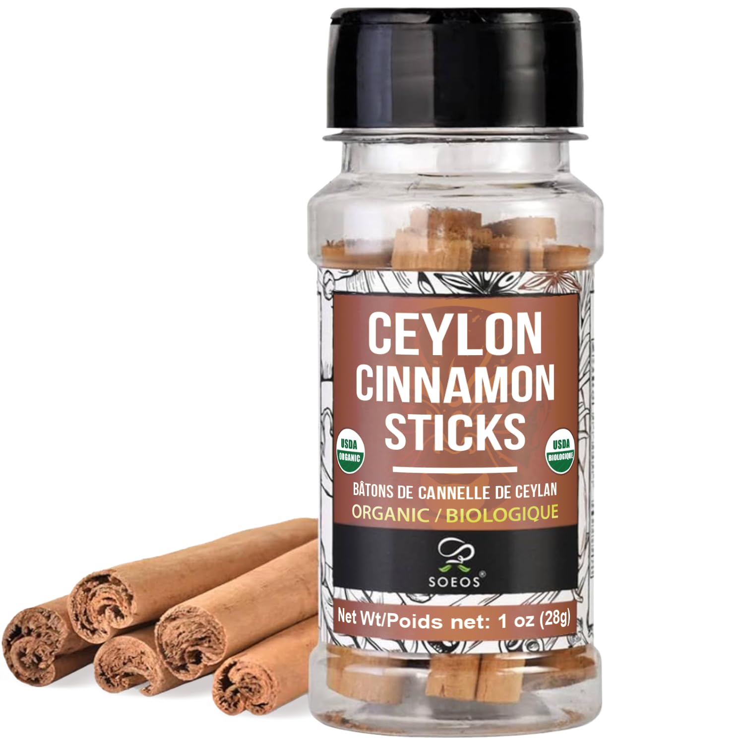 Soeos Ceylon Cinnamon Sticks, Organic Cinnamon Sticks, Real Cinnamon farmed in Sri Lanka, Non-GMO, Cinnamon for Coffee, Baking, Cooking and Beverages 1 oz (28g)
