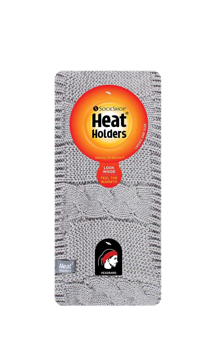 Heat Holders - Ladies Thick Cable Knitted Fleece Lined Thermal Winter Empty Skull Ear Warmer Headband (One Size, Light Grey) - Image 2