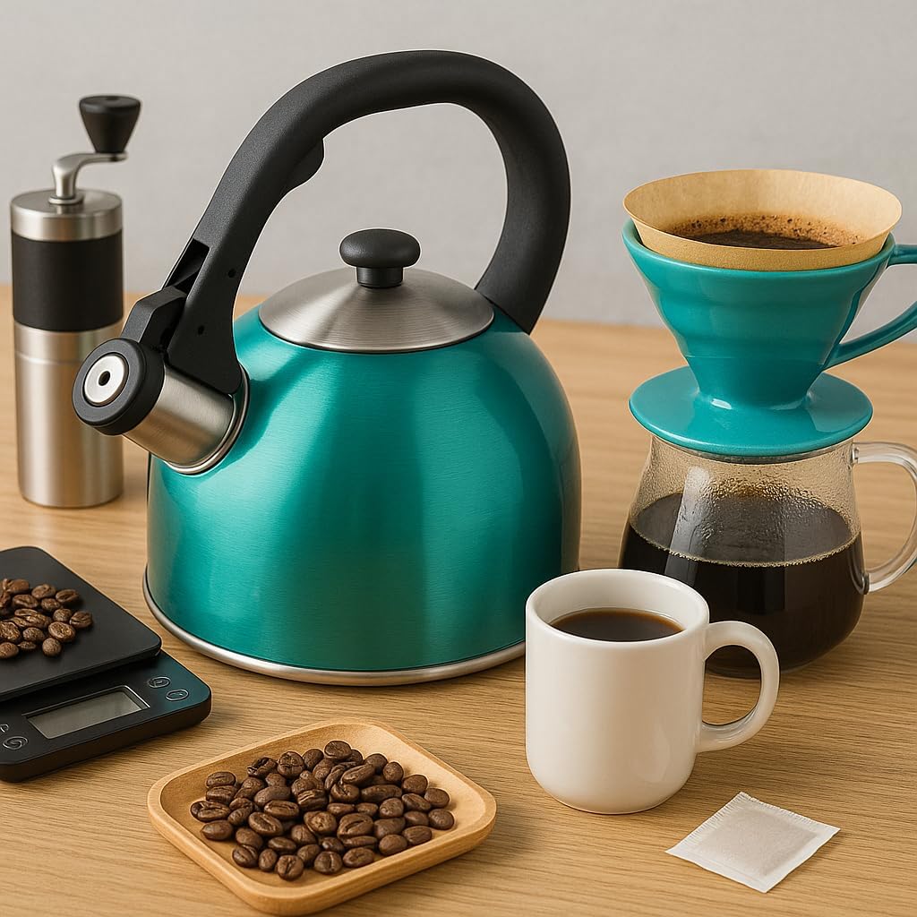 Creative Home 2.8 Quart Stovetop Whistling Tea Kettle, Premium Stainless Steel tea pot, Fast Boiling Water, Ergonomic Handle With Button-Control Spout, Even Heat Distribution, Aqua