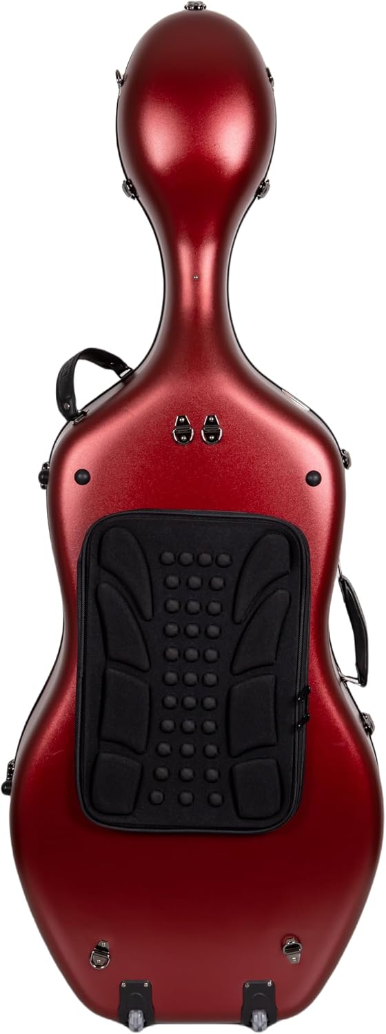 Crossrock Poly Carbon Cello Case for 4/4 Full Size | Red Matte Finish, Black Velvet Interior, Wheels, Music Pouch – Lightweight Protection Series