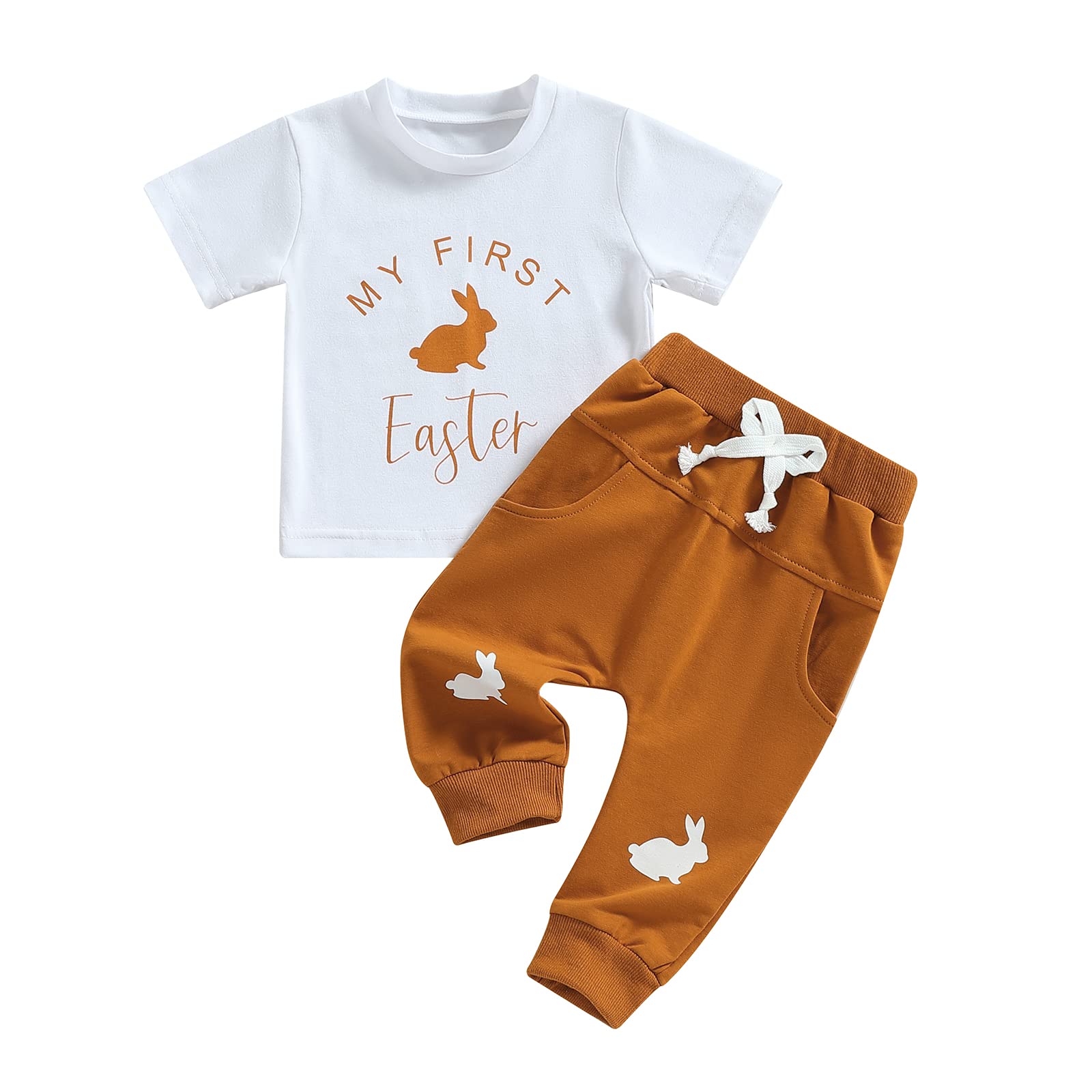 BOIBOKOKO Baby Boy Easter Outfit Short Sleeve My First Easter T-shirt Tops Rabbit Print Pants 2PCS Summer Clothes (Earth Yellow, 2-3 Years)