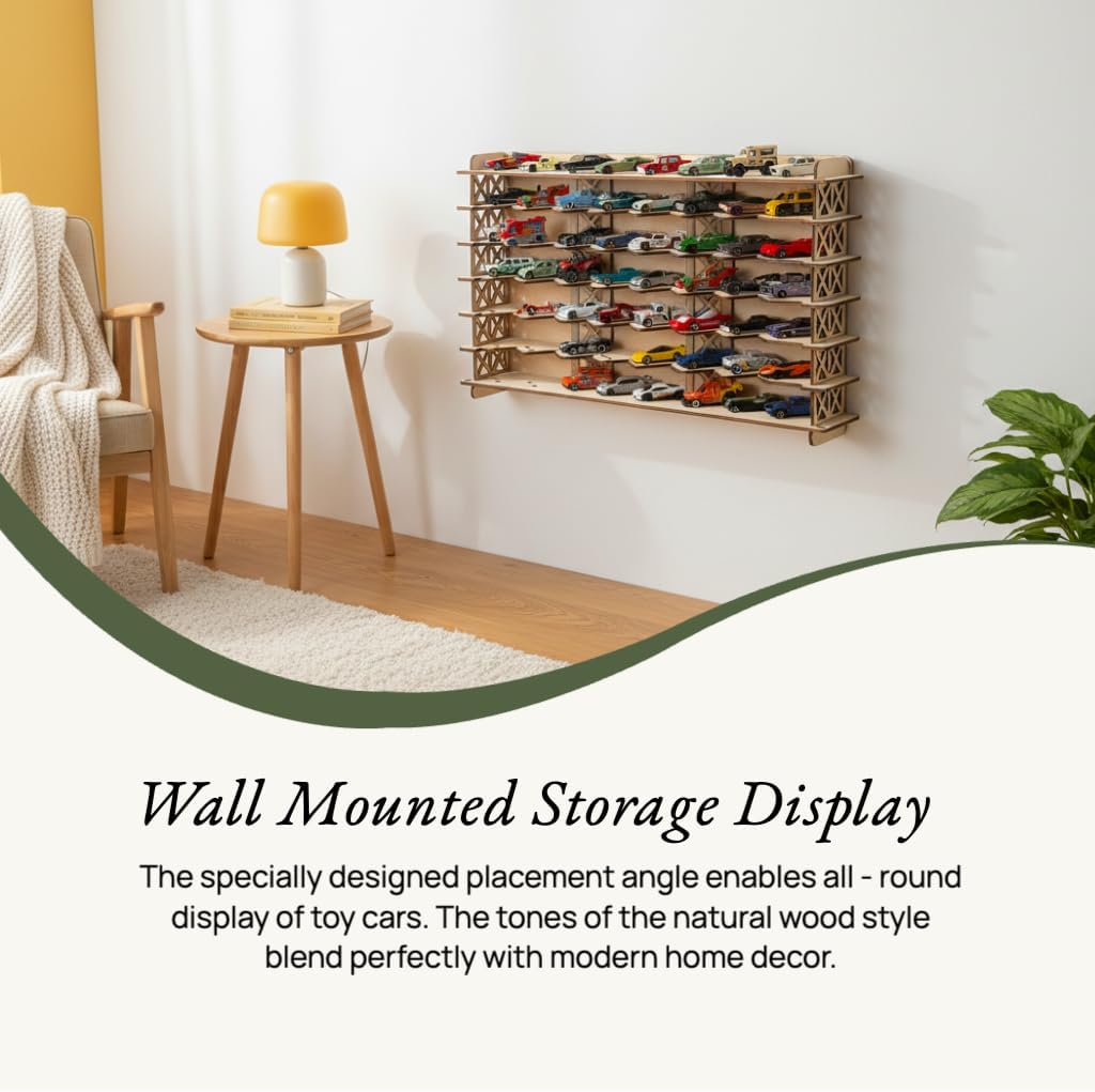 Wood Toy Car Display Rack, Holds 56 Diecast Cars Model Car Display Case 1/64 Scale Toy Cars Organizer Freestanding or Wall-Mounted Toy Car Storage Cabinet (Requires Assembly) (Wood, Large)