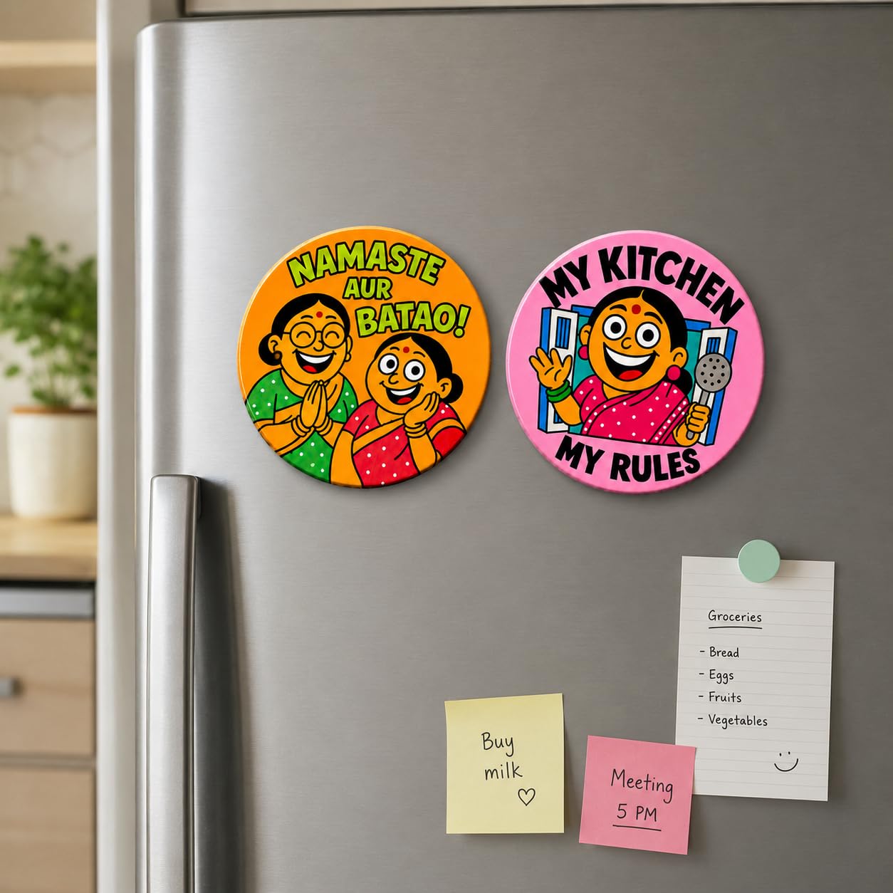 HoneyBlur Funny Wooden Fridge Magnet Combo Pack of 2 | Namaste AUR Batao & My Kitchen My Rules | Premium MDF Refrigerator Magnets for Kitchen, Home, Office, Gifts & Home Decor-image-18