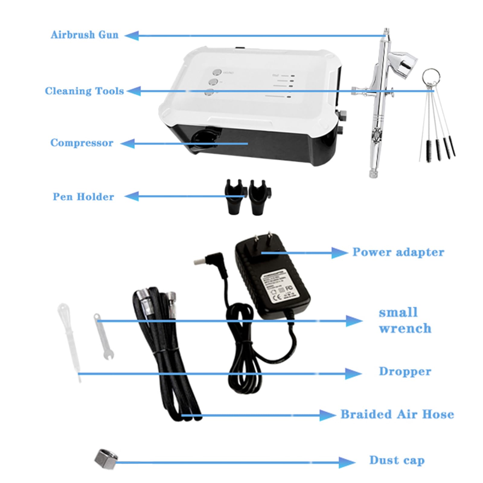 Kit de aerógrafo de 55 psi con compresor, 5 engranajes, para detalles finos a trabajos de gran área, compatibilidad dual con aerógrafo para eficiencia, ideal para decoración de pasteles de fondant