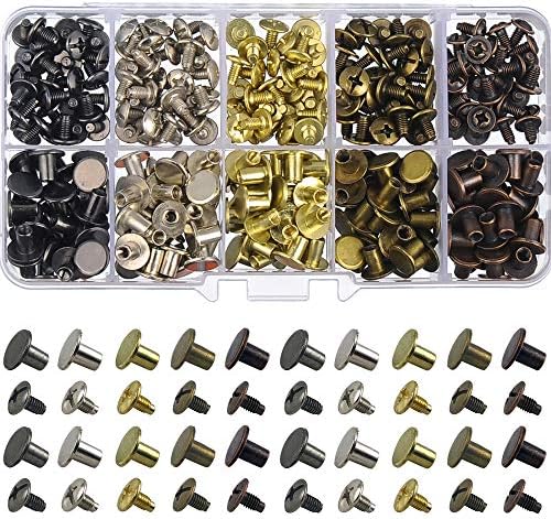 150 Sets Round Flat Head Chicago Screws Buttons Metal Studs Rivets Screwback Spots Metal Nail Rivet Studs for Leather Crafting 5/16 Inch (Mixed in Box)